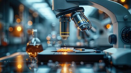 Poster - Extremely closeup shot of a futuristic microscope in a sterile futuristic lab room analyzing samples on a petri dish. Generative AI.