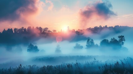 Wall Mural - Natural landscape, sunrise, fog. Generative AI.