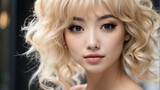 Fototapeta Most - Attractive blonde haired japanese woman with elegant hairstyle and light make up with long eye lashes from Generative AI