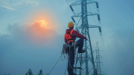 Fototapete - Worker work on high altitude equipment in power transmission between towers. Generative AI.