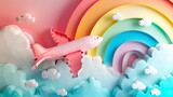 Fototapeta Nowy Jork - Plane cloud rainbow paper cut style