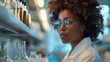 Afro American scientist woman working in pharmacy laboratory. Generative AI.