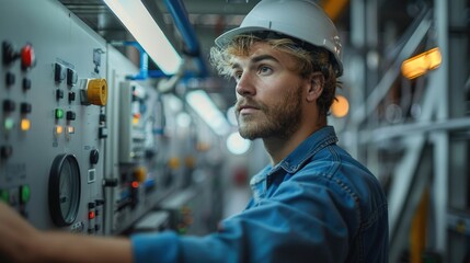 Aufkleber - Electrical engineer stands with a sense of purpose in front of a control panel within a standard factory. Generative AI.