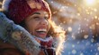 Capture the joy and cheerfulness of a winter snow travel vacation, featuring a laughing and smiling woman, a female traveler reveling in happiness.  