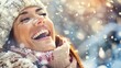 Capture the joy and cheerfulness of a winter snow travel vacation, featuring a laughing and smiling woman, a female traveler reveling in happiness.  