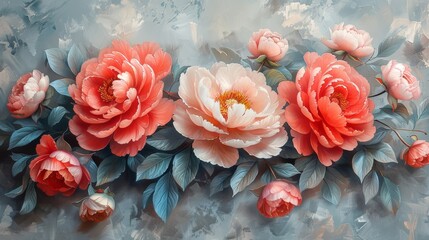 Wall Mural - Beautiful peonies with a gray background.watercolor paint is hyper-detailed with a floral background