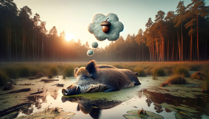 Poster - A serene wild boar lies by a misty pond in a tranquil forest at dawn, lost in a daydream about an acorn, symbolized by a thought bubble, AI-generated.