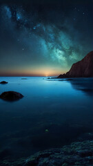 Wall Mural - Paradise of sea, A beach at night with a tree on the rocky cliff and the sky filled with stars. ai generative