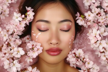 Poster - portrait of a woman with pink flowers