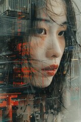 Wall Mural - Dreamscape Fusion: Japanese Woman Enveloped in Surreal Double Exposure Cityscape