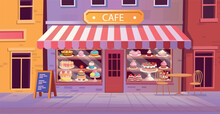 Cafe Or Candy Store. Pastry And Cake Shop. Cakes And Pastries Are On The Shelves. Set Of Holiday Cakes And Pastries.
