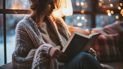 Poster - young woman reading book at home in the living room