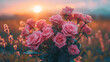 Pink roses bouquet with sunset.