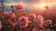 Pink roses bouquet with sunset.