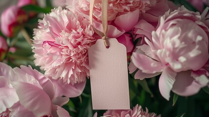 Photo of pink peonies flowers with a blank tag for your text, close-up frame, template for holiday greetings