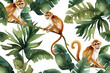 Seamless watercolor pattern for children's rooms wallpapers. Funny monkeys on liana branch with jungle palm leaves. Design for clothes, apparel printing, poster or cover. AI Generative