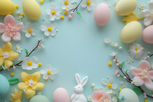 Easter Card, Banner With Frame Of Pastel Eggs, Wreaths Of Flowers And Bunny Made Of Polymer Clay. Copy Space. DIY And Kids Creativity. Handmade Easter Craft. AI Generative