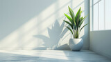 Fototapeta  - A potted plant in a white ceramic pot is placed on a tiled floor near a window, with sunlight casting shadows on the wall