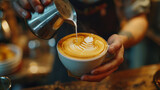 Fototapeta  - Barista creating latte art, pouring steamed milk into a coffee cup, artistic design on frothy coffee surface, close-up shot in a cozy caf\u00e9 ambiance.