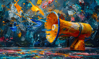 Vibrant creativity and communication concept with a colorful megaphone amidst splashing paint on an abstract dynamic background symbolizing expression