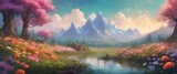 Fototapeta  - A beautiful landscape with mountains in the background and a river in the foreground. The scene is filled with colorful flowers and trees, creating a peaceful and serene atmosphere