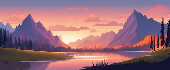 Wall Mural - A beautiful mountain landscape with a lake in the foreground. The sky is a mix of pink and purple hues, creating a serene and peaceful atmosphere. The mountains