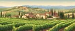 A beautiful countryside with a vineyard and houses. The houses are made of stone and have a rustic charm. The vineyard is lush and green, with rows of vines stretching out as far as the eye can see