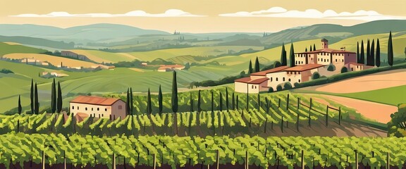 A beautiful countryside with vineyards and houses. The scene is peaceful and serene