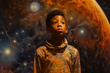 A Young Boy Is Standing In Front Of A Planet In Space