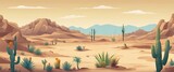 Fototapeta Sypialnia - A desert scene with a few cacti and a mountain in the background. The sky is cloudy and the sun is setting