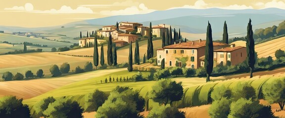 Wall Mural - A painting of a countryside with a house and trees. The mood of the painting is peaceful and serene