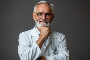 Wall Mural - A mature senior professional wearing a white lab coat stands confidently with arms crossed and hand on chin, exuding positivity.