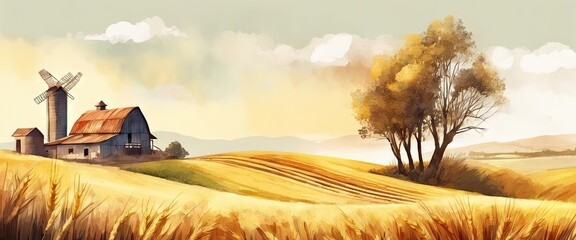 Wall Mural - A painting of a farm with a windmill and a barn. The sky is cloudy and the sun is setting