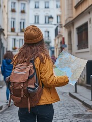 Wall Mural - European travel guide for female tourists navigating the streets with a map.