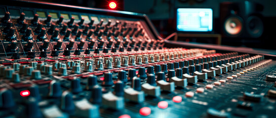 Close up of professional audio mixing board. Broadcasting. Sound studio equipment for recording music session. Sound production scene. Generative ai.