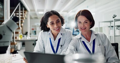 Wall Mural - Women, partner and scientist in laboratory with discussion, laptop and tablet for results with thinking for innovation. People, team and tech for science, study and data analysis for pharma research