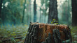 Rotting tree trunk with forest background.