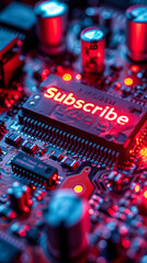 Illuminated Subscribe button on a vibrant circuit board, digital subscription concept, technology background, social media engagement, call to action