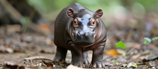 Wall Mural - A hippopotamus is seen standing in the middle of a forest, surrounded by trees and vegetation. The large animal appears calm and alert, blending into its natural habitat.