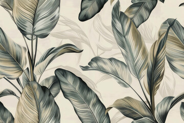 vintage botanical illustration of tropical leaves, boho style wallpaper