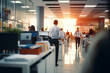 Business office with blurred people casual wear, with blurred bokeh background Blurred empty open space office. Abstract light bokeh at office interior background for design.Beautiful blurred 