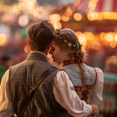 Wall Mural - Oktoberfest beer festival, a man and a woman in dirndl attire posing outdoors.