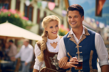 Wall Mural - couple, man and woman in a dirndl outfit celebrate the Bavarian beer festival Oktoberfest together.