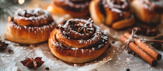 Wall Mural - A close-up view of freshly baked cinnamon buns with spices and cocoa filling on a table, ready for Christmas baking. The homemade Swedish dessert is displayed on parchment paper.