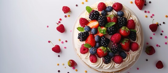 Poster - A birthday cake featuring a variety of colorful berries, vibrant raspberries, and fresh mints neatly arranged on top, set against a plain white background for a celebratory occasion.