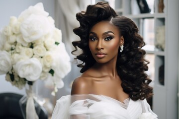 Portrait of a beautiful black bride in a beauty salon