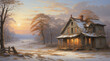 Illustration of a dilapidated lonely house on a winter morning.