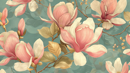 Wall Mural - watercolor pattern magnolia flowers, white and pink magnolia vintage pattern on the green background