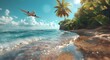 Tropical vacation concept with beach on tropical vacation island and landing plane with touruists.Macro.AI Generative.