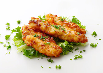 Wall Mural - Crispy fried breaded chicken strips with parsley on white background.Macro.AI Generative.